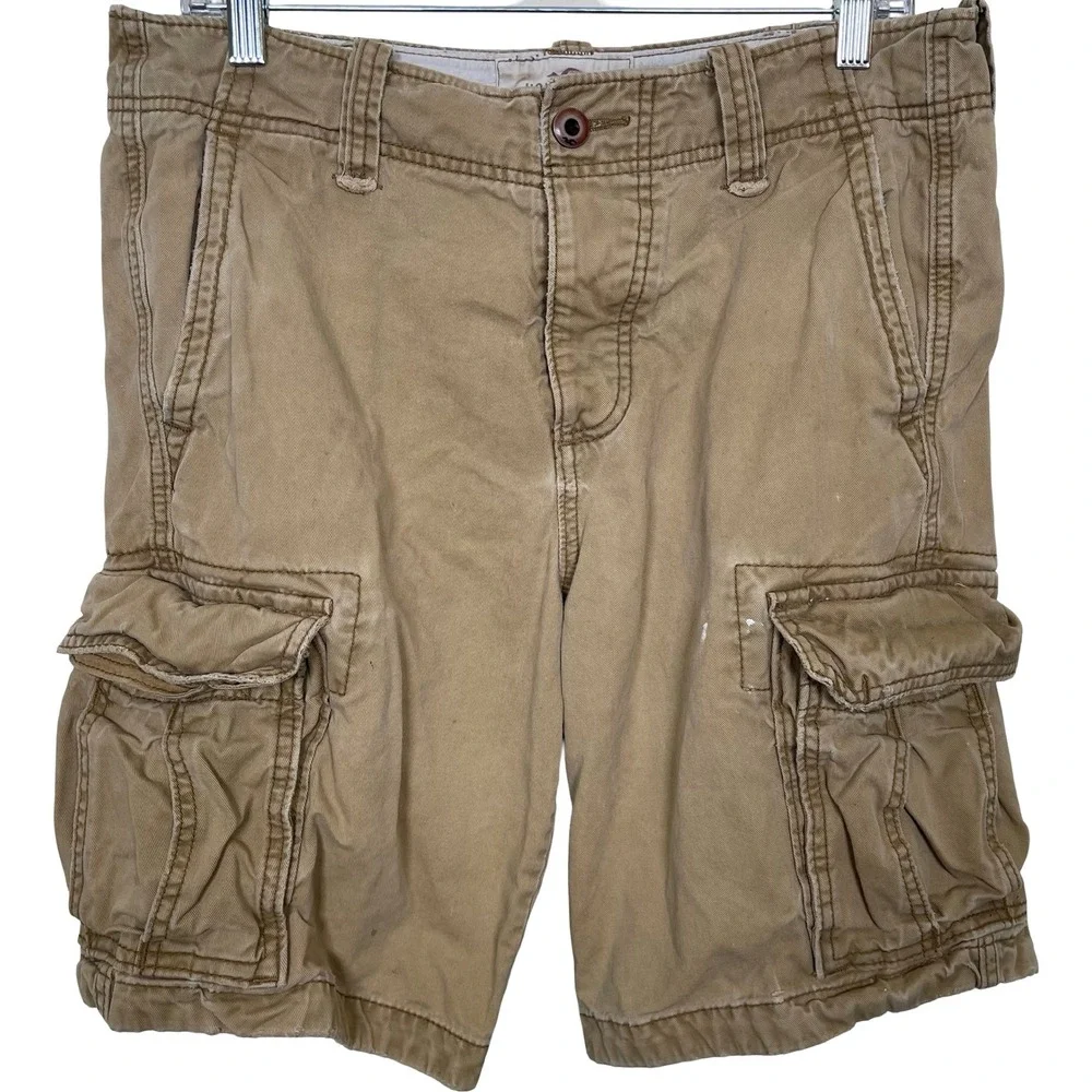 Vintage Hollister Mens Cargo Shorts 31 Khaki Button Fly Y2K Distressed Skater‎